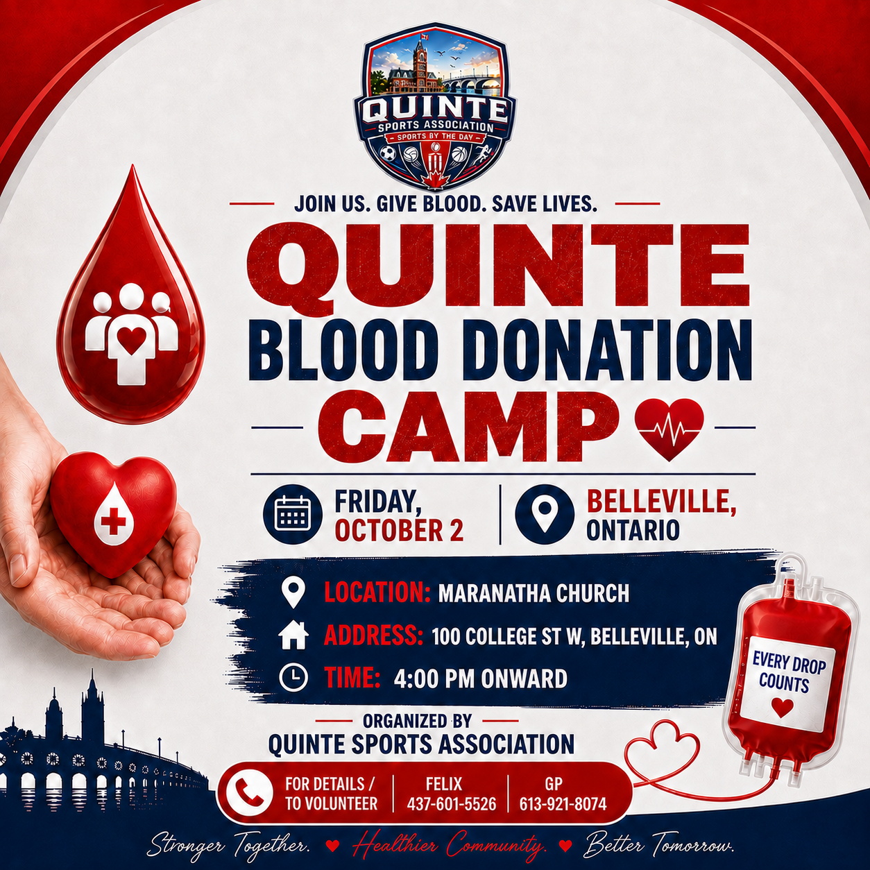 Quinte Sports Association blood donation camp poster — Friday, October 2 at Maranatha Church, Belleville