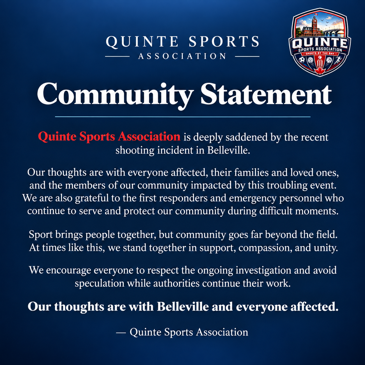 A Community Statement from the Quinte Sports Association