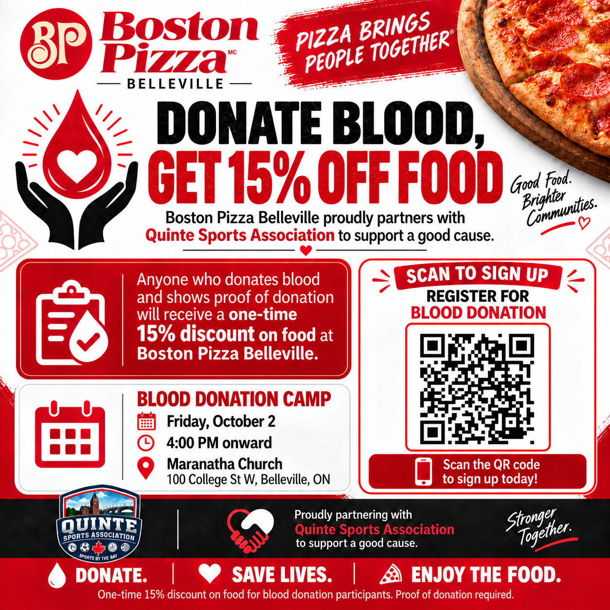 Boston Pizza Belleville Joins the QSA Blood Donation Camp — 15% Off Food for Donors